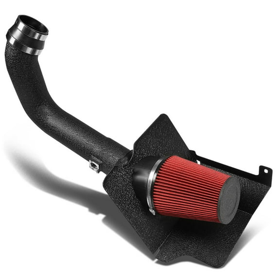 DNA Motoring AIP-2-HS-SIERRA04DUR-BKBK For 2004 to 2005 Silverado Sierra 2500 HD/3500 6.6 V8 Diesel Black Coated Aluminum Air Intake Pipe Red Filter Heat Shield