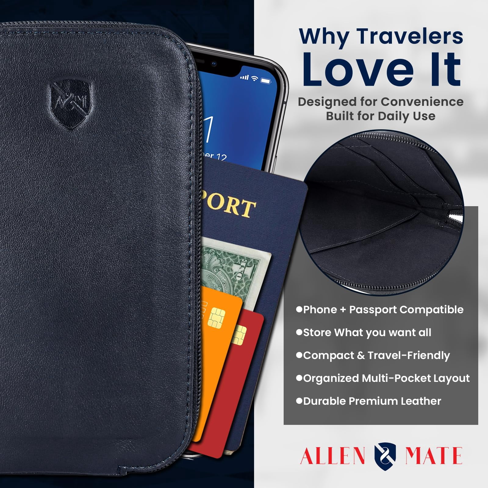 ALLEN & MATE Genuine Leather Phone Pouch Case Sleeve with Zip – Slim Mobile Phone Holder Wallet for Passport ID and Cards Fits iPhone 17 Pro Max, 16, 15 Samsung Galaxy S25 & Android - Black