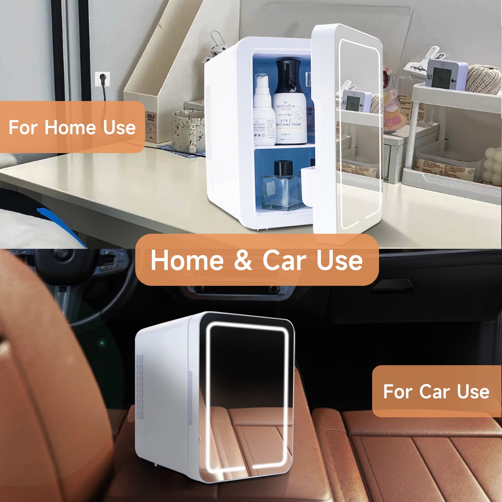 Mini Refrigerator 4L 2in1 Dual Power For Car Home Dormitory Makeup Beauty Refrigerator Freezer with LED Lights (White)
