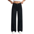 thumbnail image 4 of Spazoro Girls Wide Leg Pants with Pockets, Stretchy High Waist Button Closure Loose Fit Solid Color Faux Denim Casual Trousers Black Size 13-14, 4 of 9