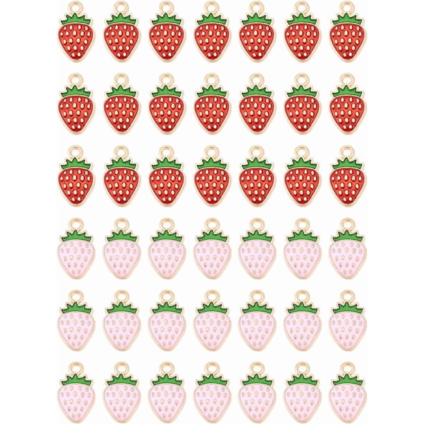 48 piezas de dijes de esmalte de fresa, 2 colores, rojo y rosa, con parte trasera plana, accesorios para fresas.