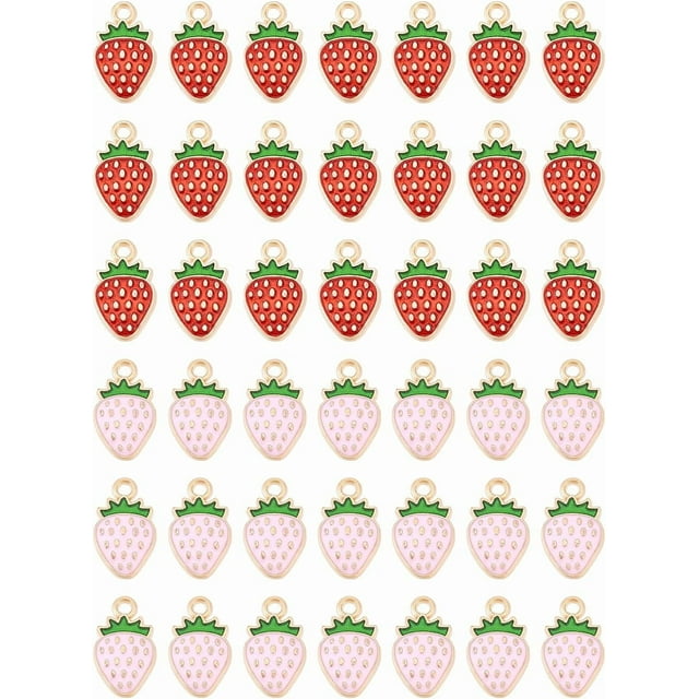 48 piezas de dijes de esmalte de fresa, 2 colores, rojo y rosa, con parte trasera plana, accesorios para fresas.