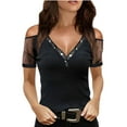 thumbnail image 3 of DYMADE Womens Summer Lace Stichting Hot Drilling Short Sleeve Cold Shoulder T-Shirt Blouses, 3 of 4