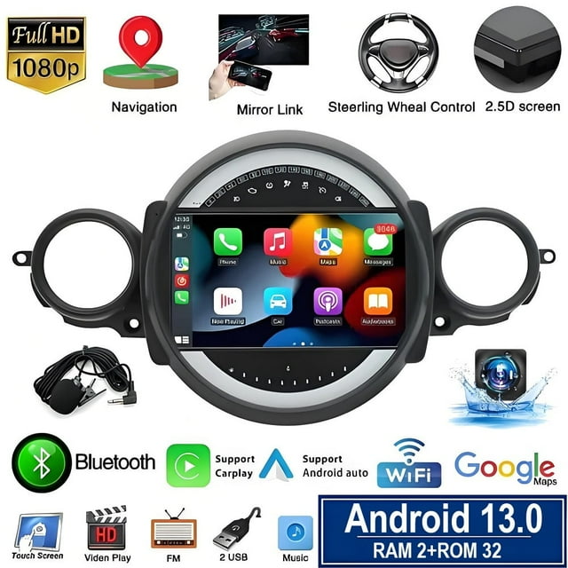 IKASEFU Android 13 Stéréo de Voiture pour BMW Mini Cooper R56 2007-2014, Radio à Écran Tactile 9 Pouces Intégré Sans Fil Carplay/Android Auto/bluetooth/aux-In/contrôle de Volant