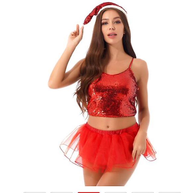 Mujeres Navidad Juego de rol Disfraces Lentejuelas brillantes Correa ajustable Cuello en V Cami Top Falda de tul esponjoso con sombrero Su