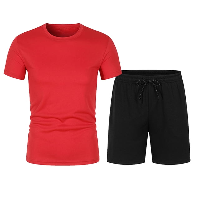 Camisetas de Playa para Hombre, Cuello Redondo de Manga Corta de Color Sólido con Cordón de Bolsillo Pantalones Cortos para Correr Conjuntos