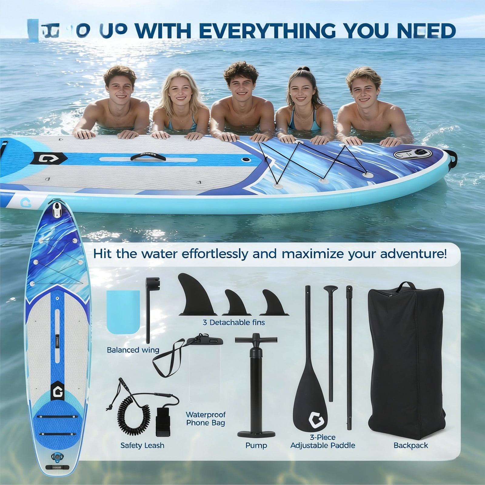 CazToi Inflatable Stand Up Paddle Board Set with SUP Accessories, Non-Slip Deck 10.6Ft PVC Blow Up Paddle Board for Youth & Adults