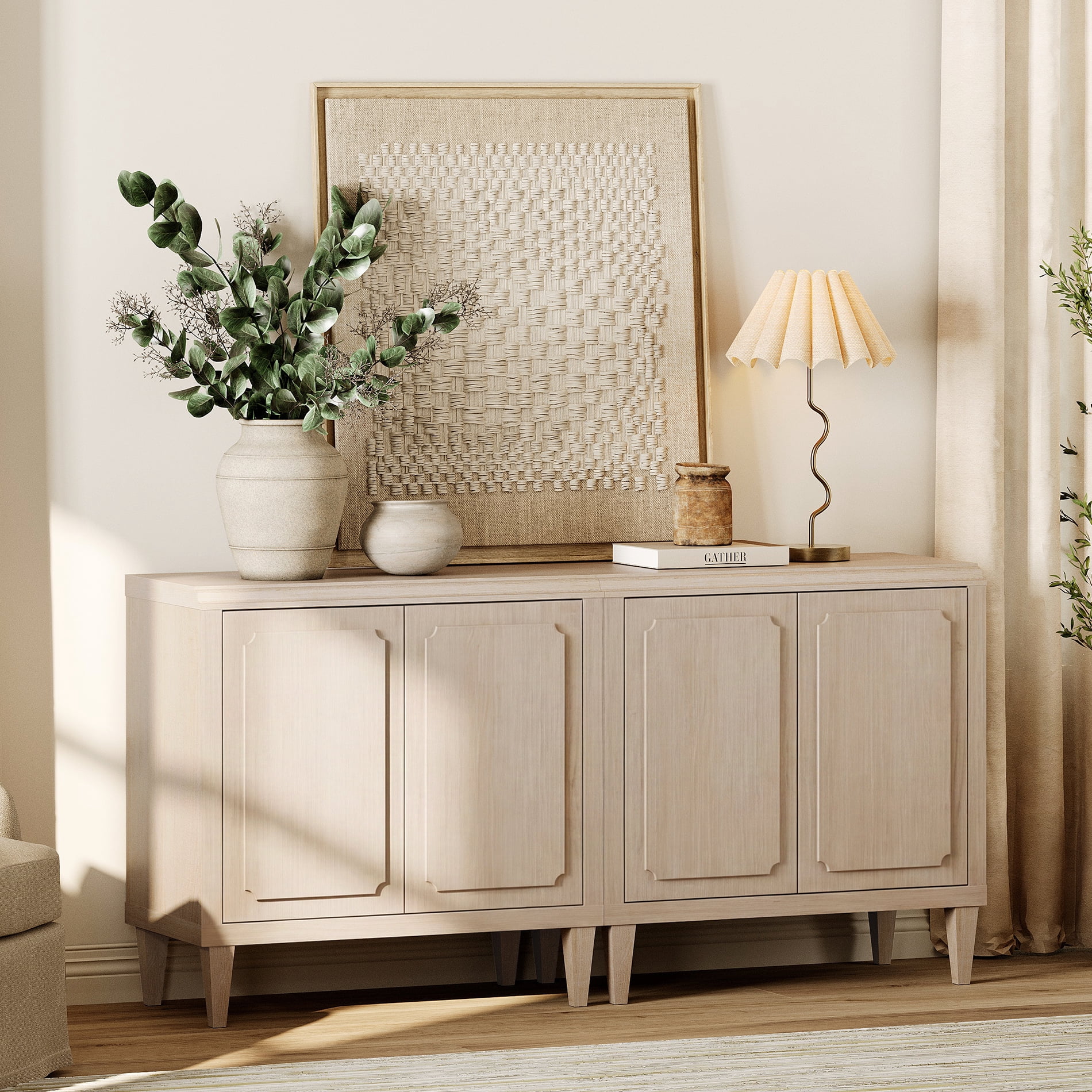 63" Oak Buffet Cabinet with Embossed Door, Modern Sideboard with Storage, Light Oak