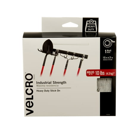 VELCRO Brand Industrial Strength Fasteners Stick-On Adhesive Professional Grade Heavy Duty Strength Holds up to 10 lbs on Smooth Surfaces Indoor Outdoor Use 15ft x 2in Tape, White