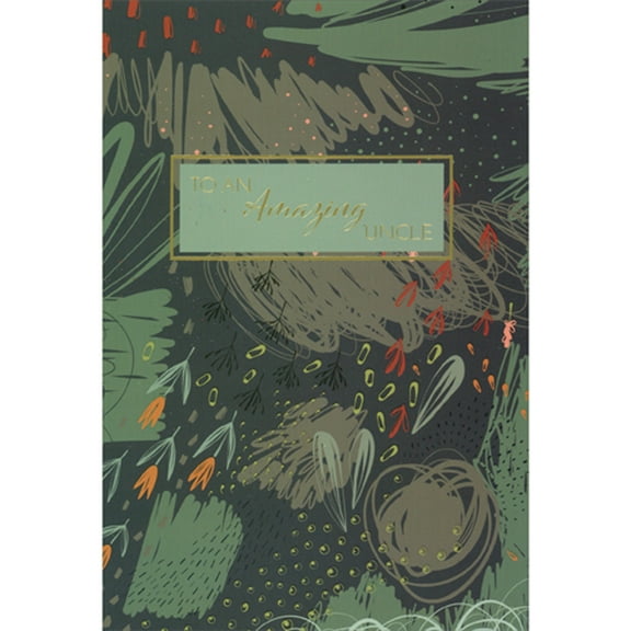 Pictura Green and Earthtone Doodle Patterns and Small Orange Flowers: Amazing Uncle Birthday Card