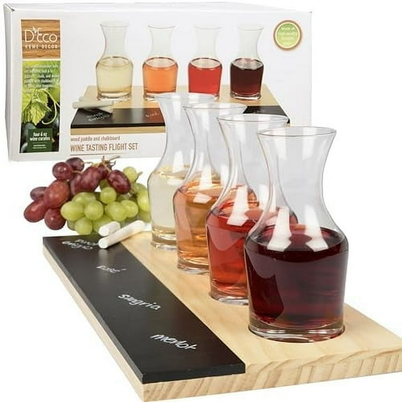 D'Eco Wine Tasting Flight Sampler Board - Set Includes Four 6 oz Decanter Glasses and Wood Paddle with Chalkboard for Labeling - Great for Winery Taste Testing