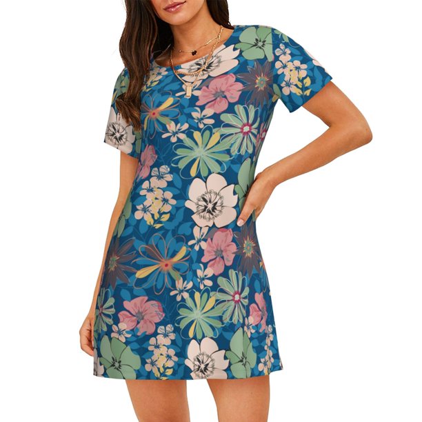 Easygdp Colorful Flowers Camisón de manga corta para mujer, informal, estampado
