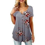 Womens Summer Floral V Neck Blouses Loose Baggy Tops Tunic T Shirts Plus Size