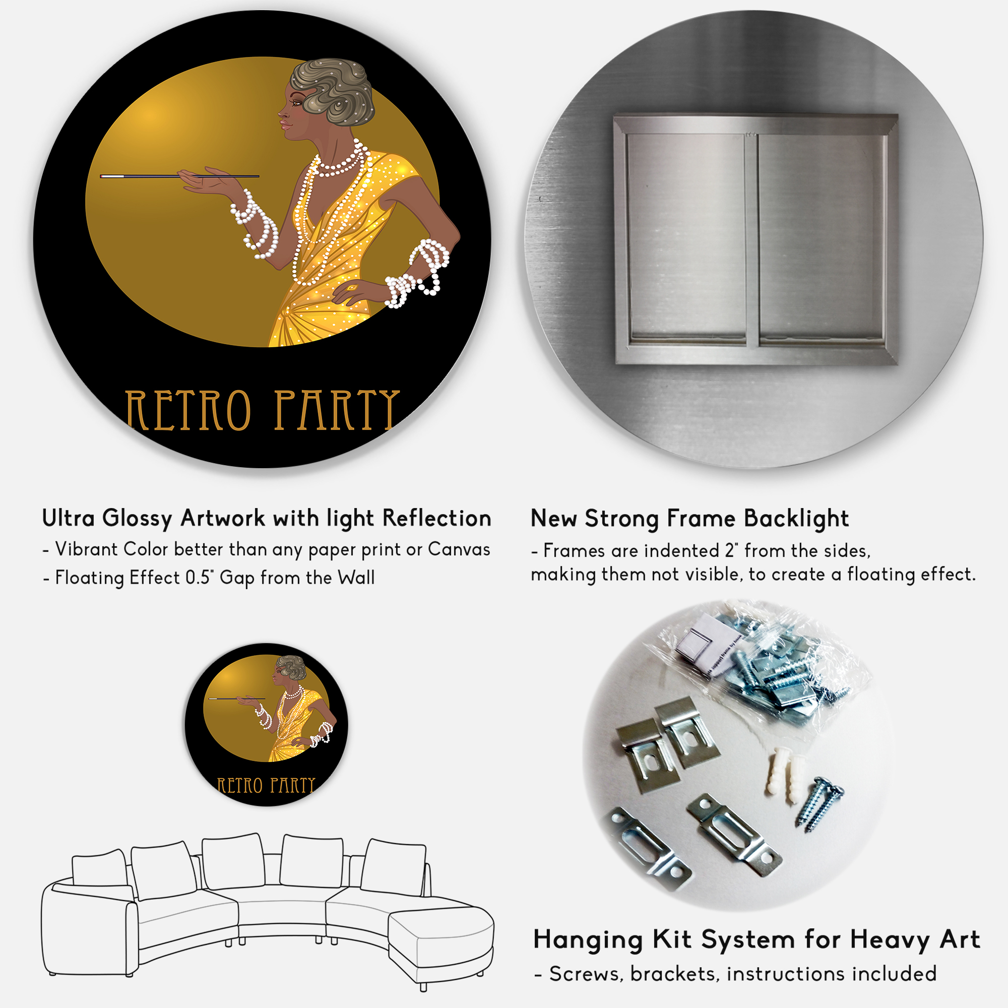Designart 'Retro Fashion Glamour Afro American Woman' Modern Circle Metal Wall Art 23x23 - Disc of 23