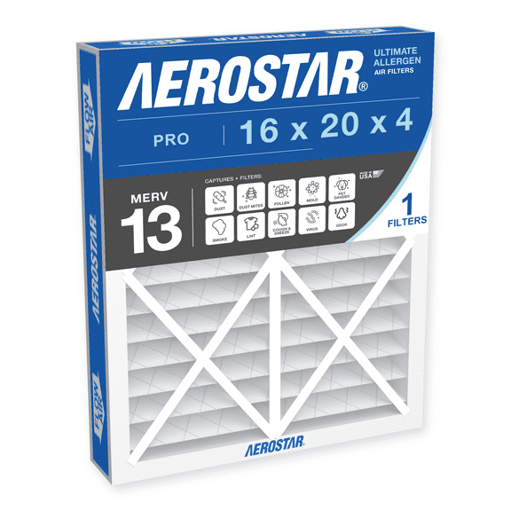 Aerostar 16x20x4 MERV 13 Air Filter, Pleated AC Furnace HVAC, Smoke Bacteria Allergy, 1 Pack