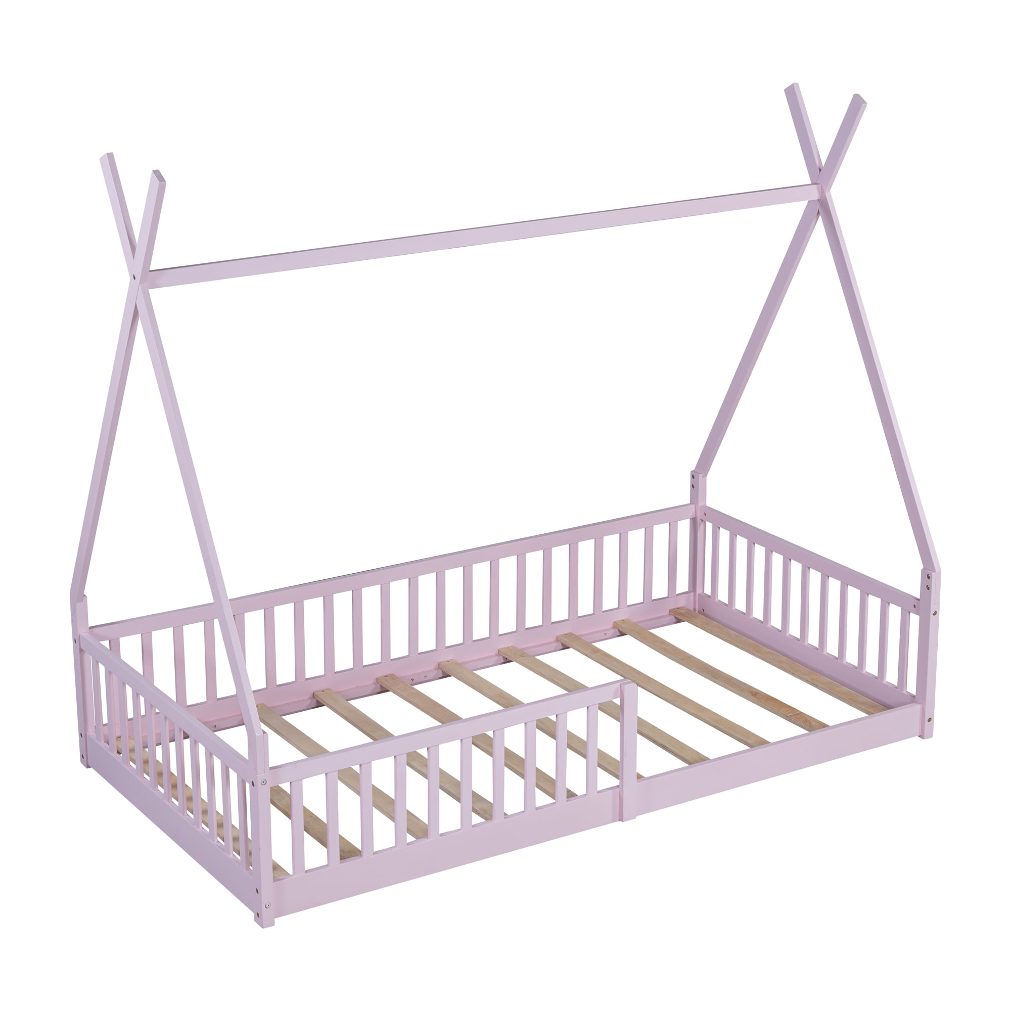 Euroco Twin Size House Platform Bed, Floor Bed with Guardrails for Kids Teens Room, Pink