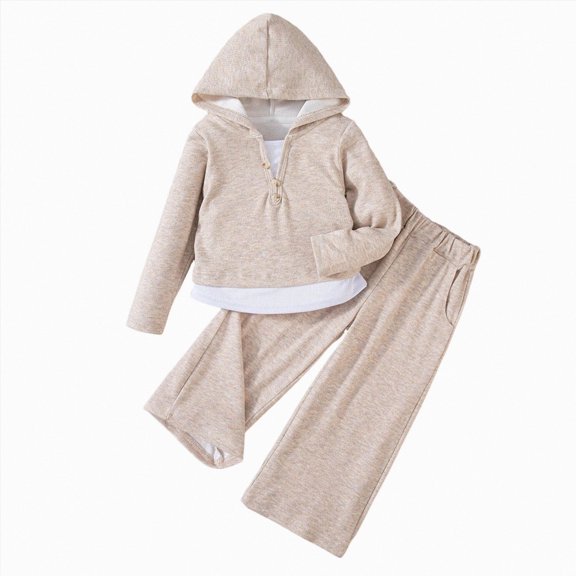 Girls Comfortable And Warm Simple Long Sleeved Hoodie Solid Color Pants Casual Two Piece Set 4-5 Years Khaki