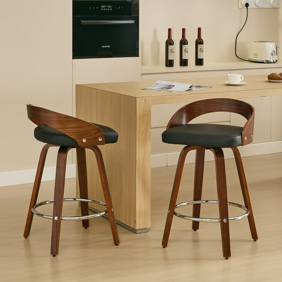 GOMYHOME-Set of 2 Swivel Bar Stools with Low Back & Cushioned Seat, 25" Counter Height, Black