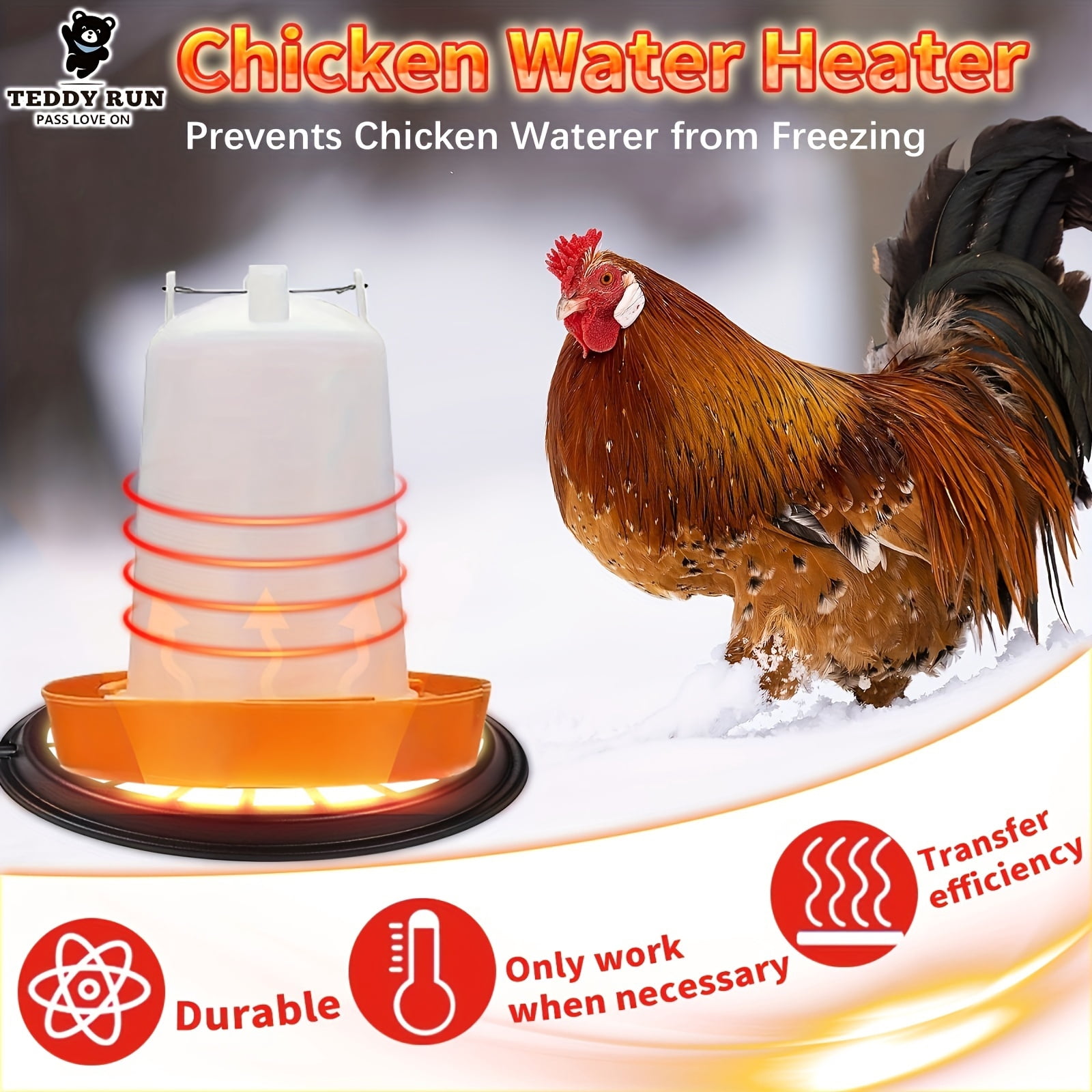 80W Chicken Water Heater with Heated Base - 120V, US Plug, Durable Plastic, Ideal for Winter Deicer, Pet Water Heater for Metal Poultry Founts