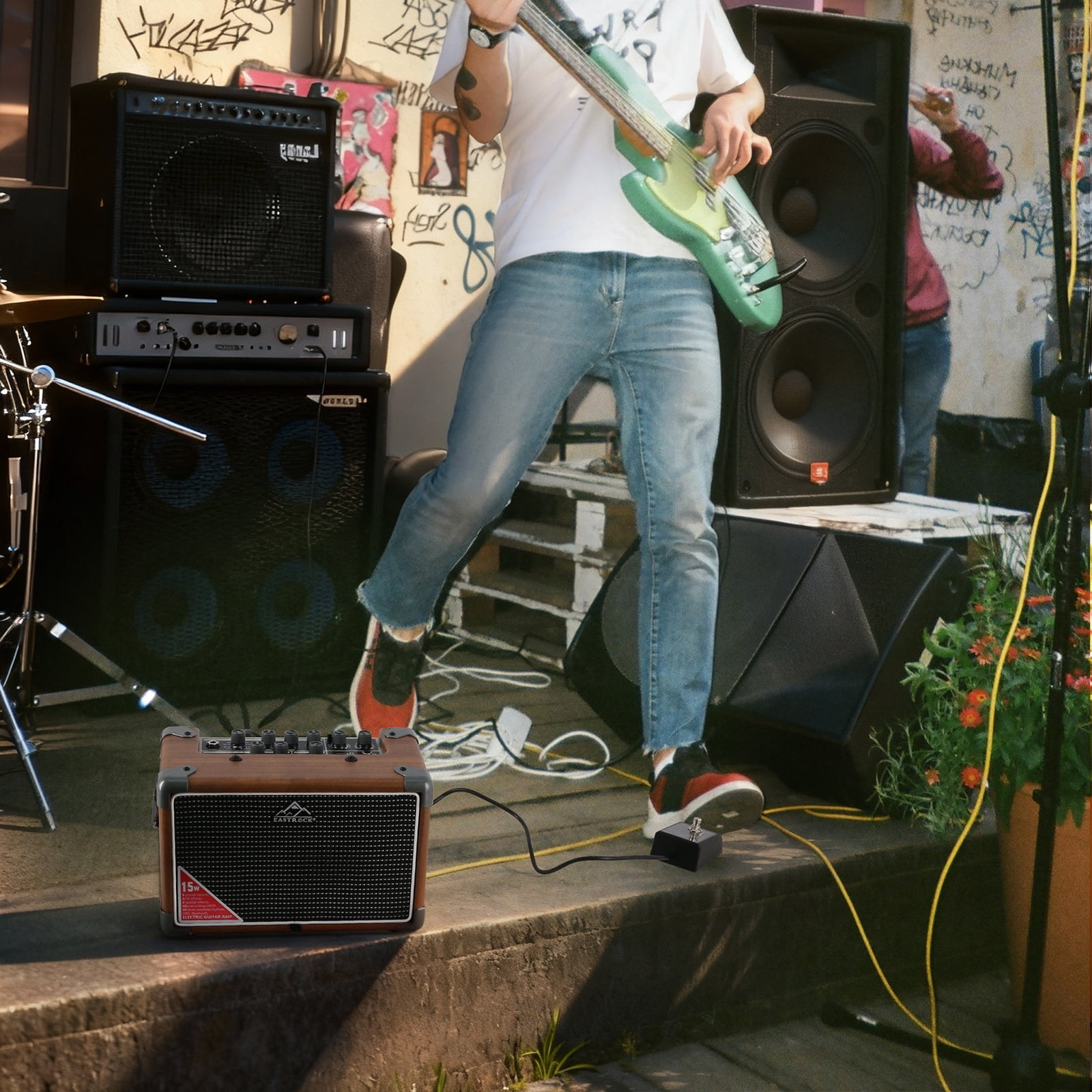 EASTROCK 15W Electric Guitar Amp, EGA-15W Portable Guitar Amplifier with Bluetooth,8 Voices, FX Effects,Built-in Looper & Drum Machine Speaker, AUX/OTG/Headphone Wood
