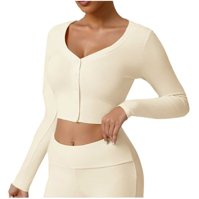 JGGSPWM Cardigans à Manches Longues pour Femmes, Chemise Courte Ajustée à devant Ouvert, Blouses à Col en V Boutonnées pour l'Automne, Beige m