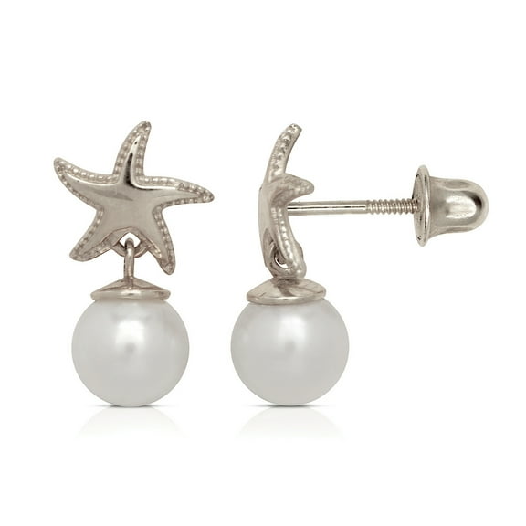 Solid 14k Gold CZ Beautiful Star With Pearl Stud Earring White Gold Gift For Women (White Gold) Stud Earring