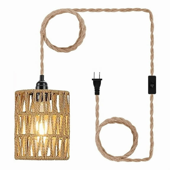 Boho Plug in Pendant Light, Hanging Light with Cord, Ceiling Lamp Rattan Cylinder Shade Switch US
