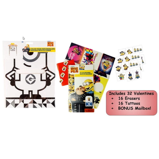 Despicable Me 3 Valentines (32 Cards, 16 Erasers, 16 Tattoos) with ...