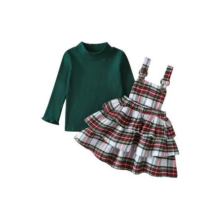 

Genuiskids Toddler Girls Fall Princess Dress Set Knit Ribbed Long Sleeve Sweater Top +Plaid Ruffle Layered Suspender Skirt Sets 2Pcs