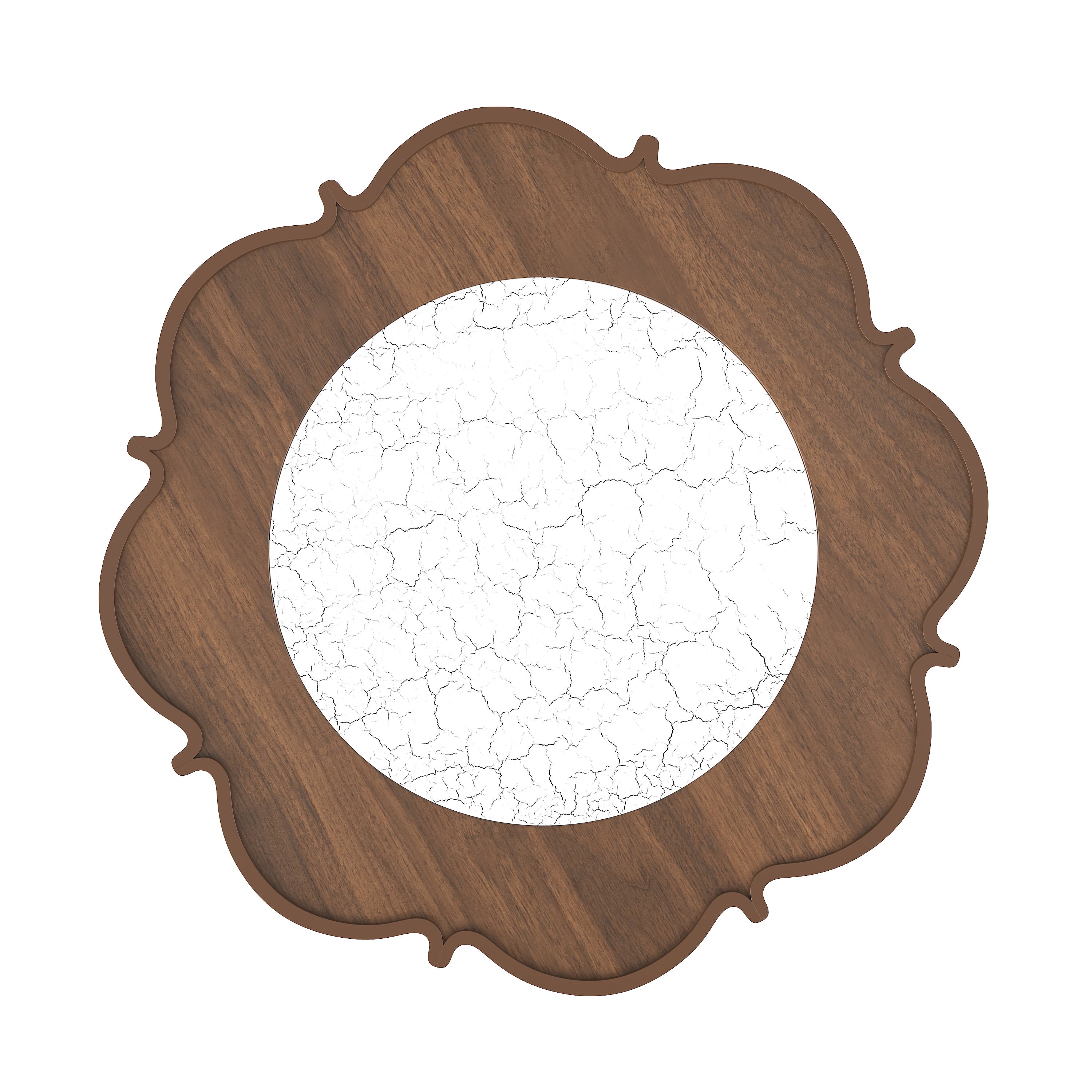 GARITIN Petal Shape Coffee Table 31.5 Inch, 2 Tiered Coffee Table with White Crackle Pattern Glass and Rattan for Living Room, Walnut