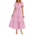 thumbnail image 6 of Ecqkame Summer Dress for Women A Line Empire Waist Tiered Long Dresses Sexy Flowy V Neck Short Sleeve Dress with Pockets Pink L, 6 of 9