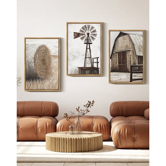 Vintage Rustic Windmill Barn Cornfield Farmhouse Wall Art Pictures Framed Painting Landscape Countryside Rural 24x36in3pcs Natural Framed