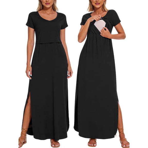 Women's Split Maternity Long Dresses Nursing Dresses for Breastfeeding