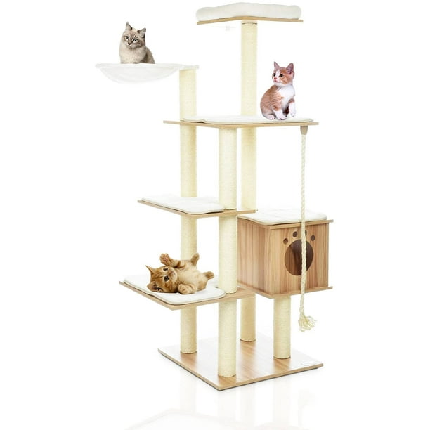Lazy Buddy 68 Extra Large Wooden Cat Tree Tower Multi Level Cat Furniture Play House Condo W Washable Mat For Large Cats Walmart Com Walmart Com