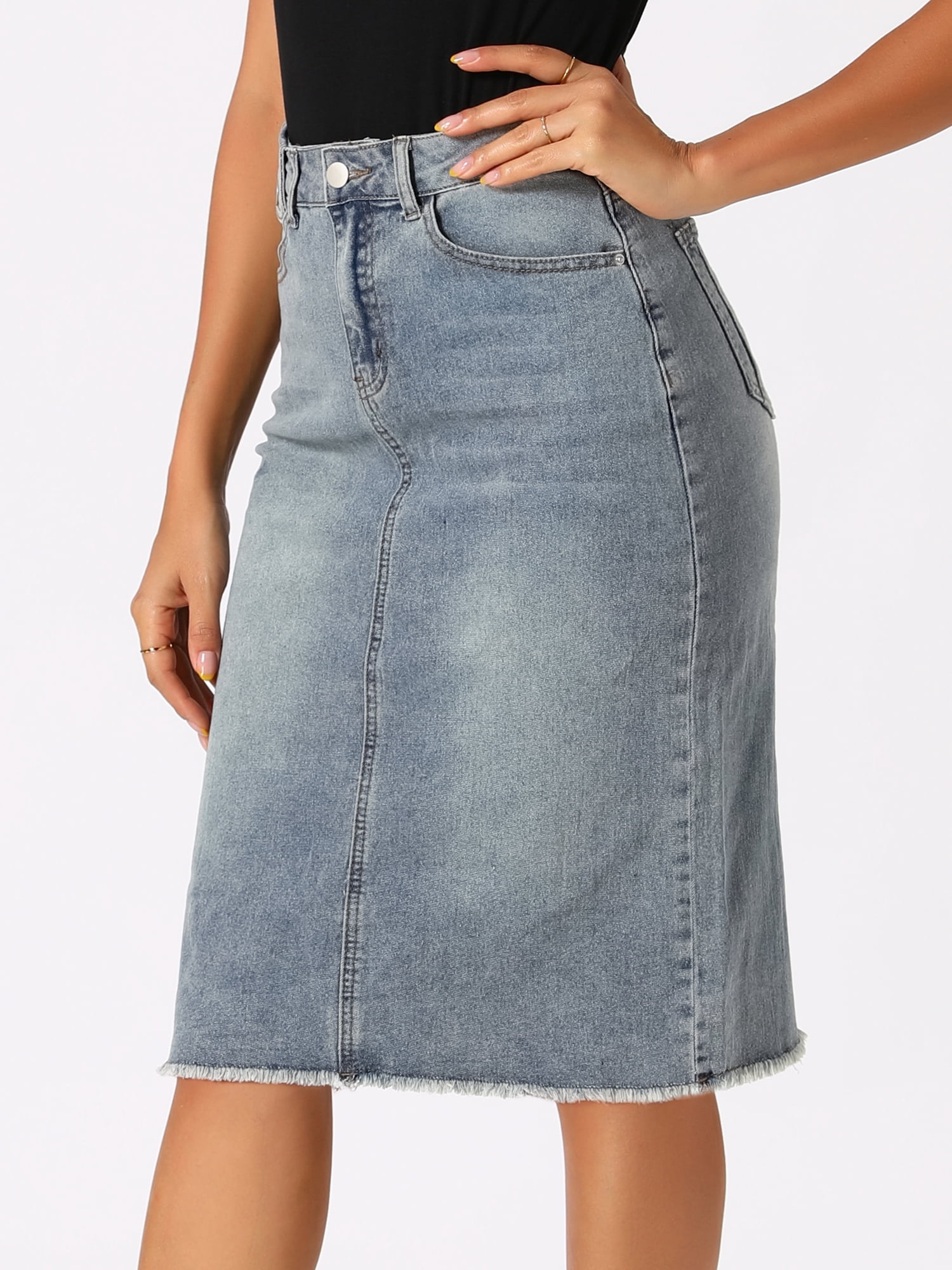 DARING DIVA Women's Jean Back Vent Midi Length Denim Skirts L Grey Blue