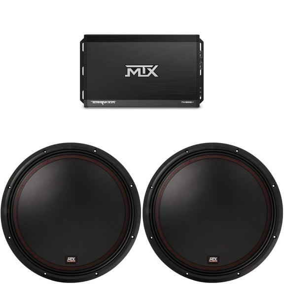 MTX TERMINATOR 1000-Watt RMS 1Ω Mono Block Class D Amplifier and Two MTX Audio 5515-44 55-Series 15" 400W RMS Dual 4-Ohm Subwoofer