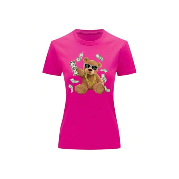 Playera Blusa de Oso Millonario con Dólares Dinero Ropa De Mujer Color Fucsia Talla Chica Marca Emil SaEs