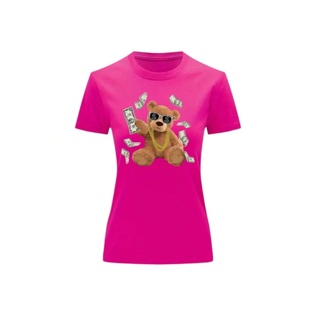 Playera Blusa de Oso Millonario con Dólares Dinero Ropa De Mujer Color Fucsia Talla Mediana Marca Emil SaEs