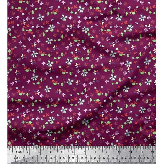Soimoi Pink Cotton Duck Fabric Leaves,Insect & Floral Artistic Printed Fabric 1 Yard 56 Inch Wide