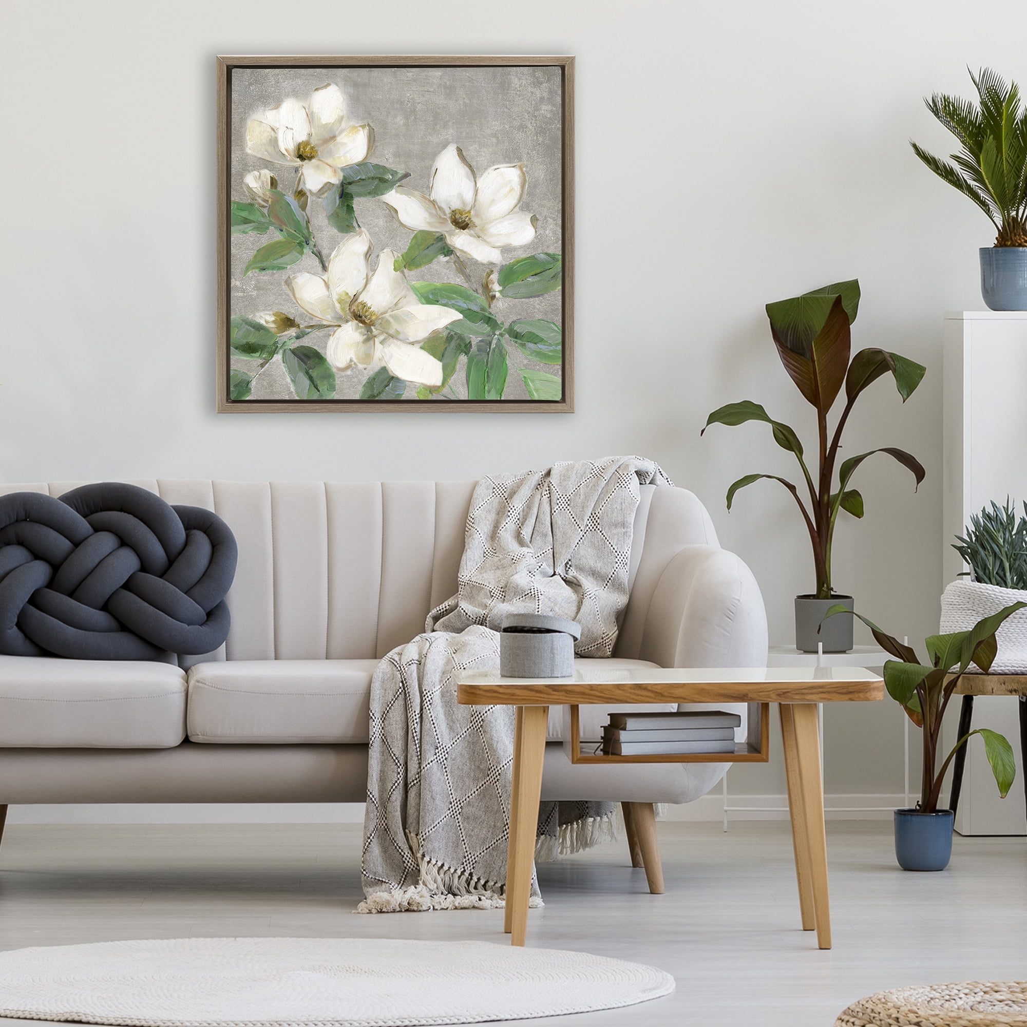 Stupell Industries Ivory Magnolias on Grey Brown Framed Floater Canvas Wall Art, design by Sally Swatland