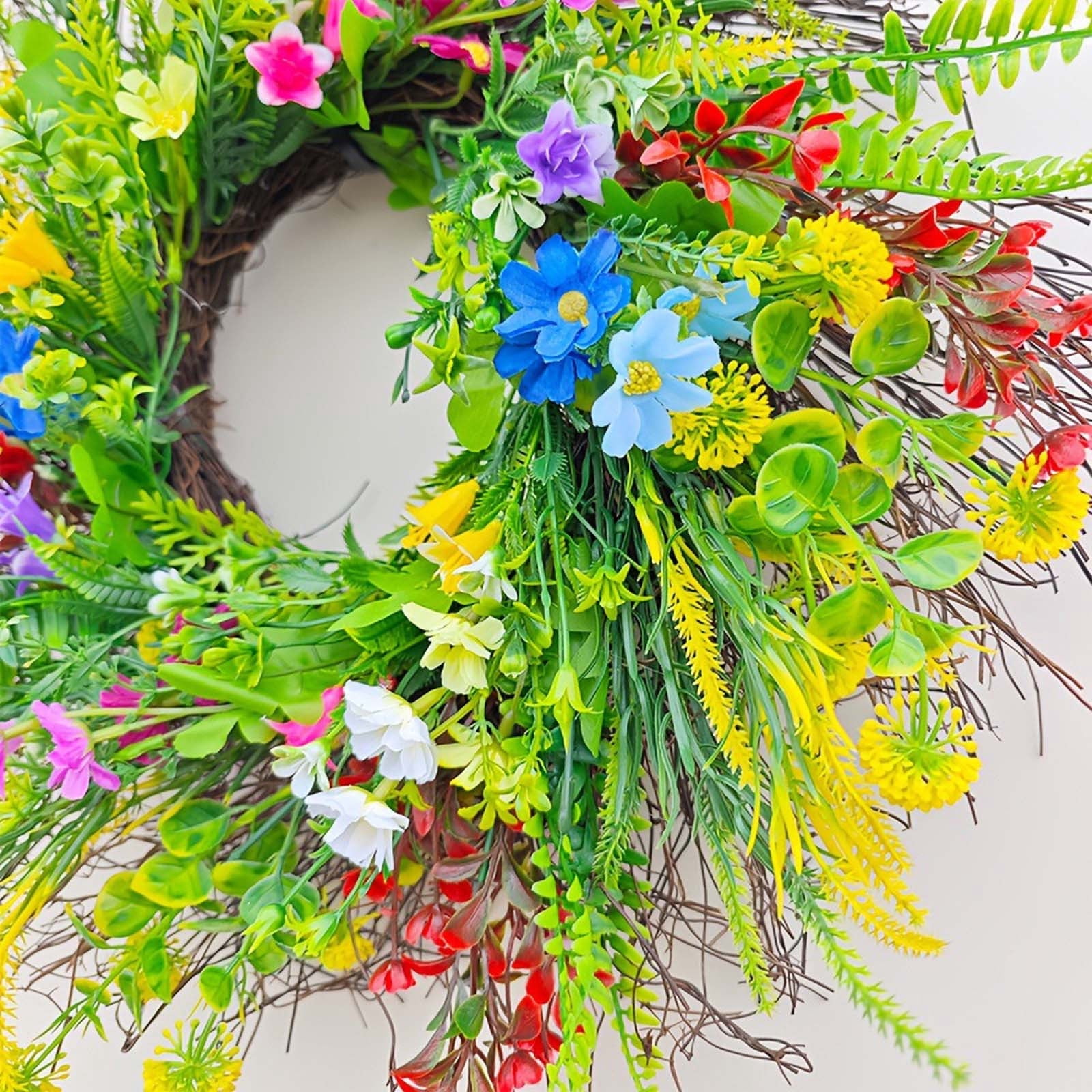 Spring Wreaths for Front Door 18 Inch - Outdoor Spring Summer Wreath with Wildflower and Green Leaves,Front Door Wreath for Farmhouse Home Porch Wall Decor
