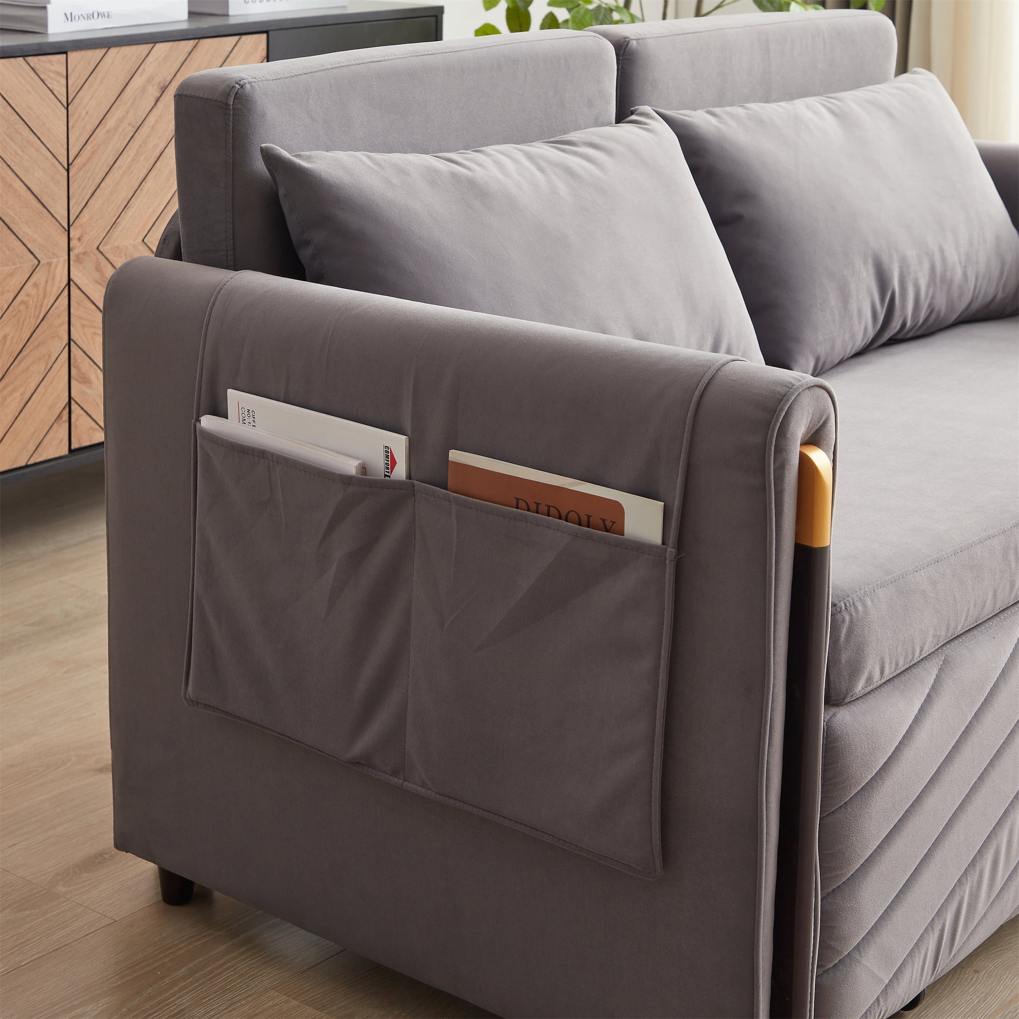 Aukfa Velvet Futon Convertible Loveseat Sleeper Sofa, Full Size, 2Pillows&Side Pockets, Gray