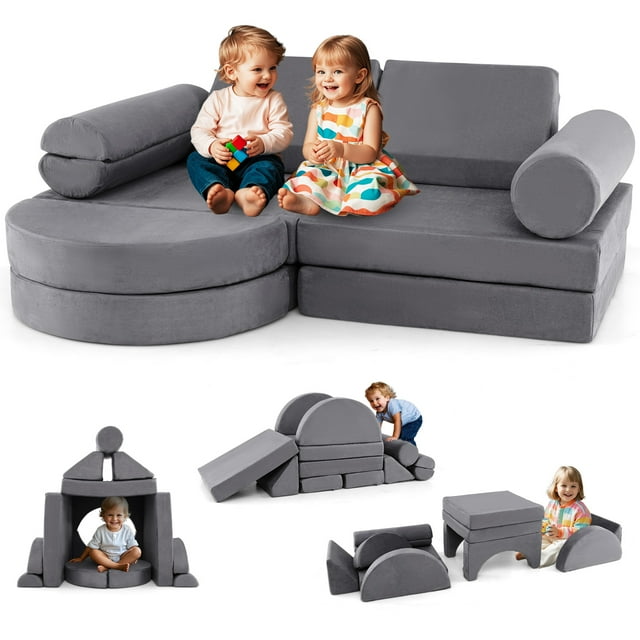 Gymax Canapé Modulable pour Enfants 13 Pcs, Sofa Sectionnel Polyvalent pour Tout-Petits, Gris