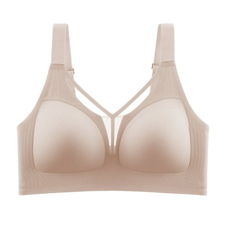 REORIAFEE Bras for Women Wireless Gathered Together Wireless Bras Seamless Adjustable Straps Brassiere Comfy Spaghetti Straps Breathable Corset Underwear Comfortable Classic Support Lingerie Beige L