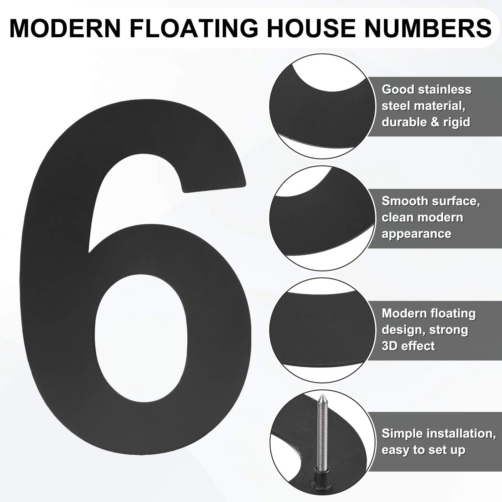 Uxcell 1-Pack Modern Floating House Numbers for Outside, 8 Inch Stainless Steel Matte Black Large Address Number [Digit 6]