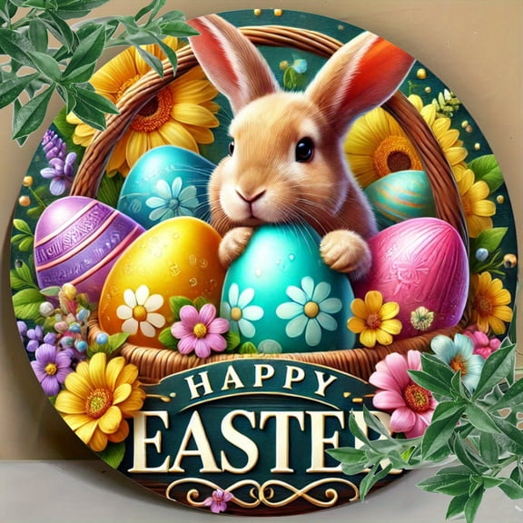 HELLOYOUNG Easter Bunny Floral Wood Round Sign Durable Spring Home Wall Decor Rustic Farmhouse Art