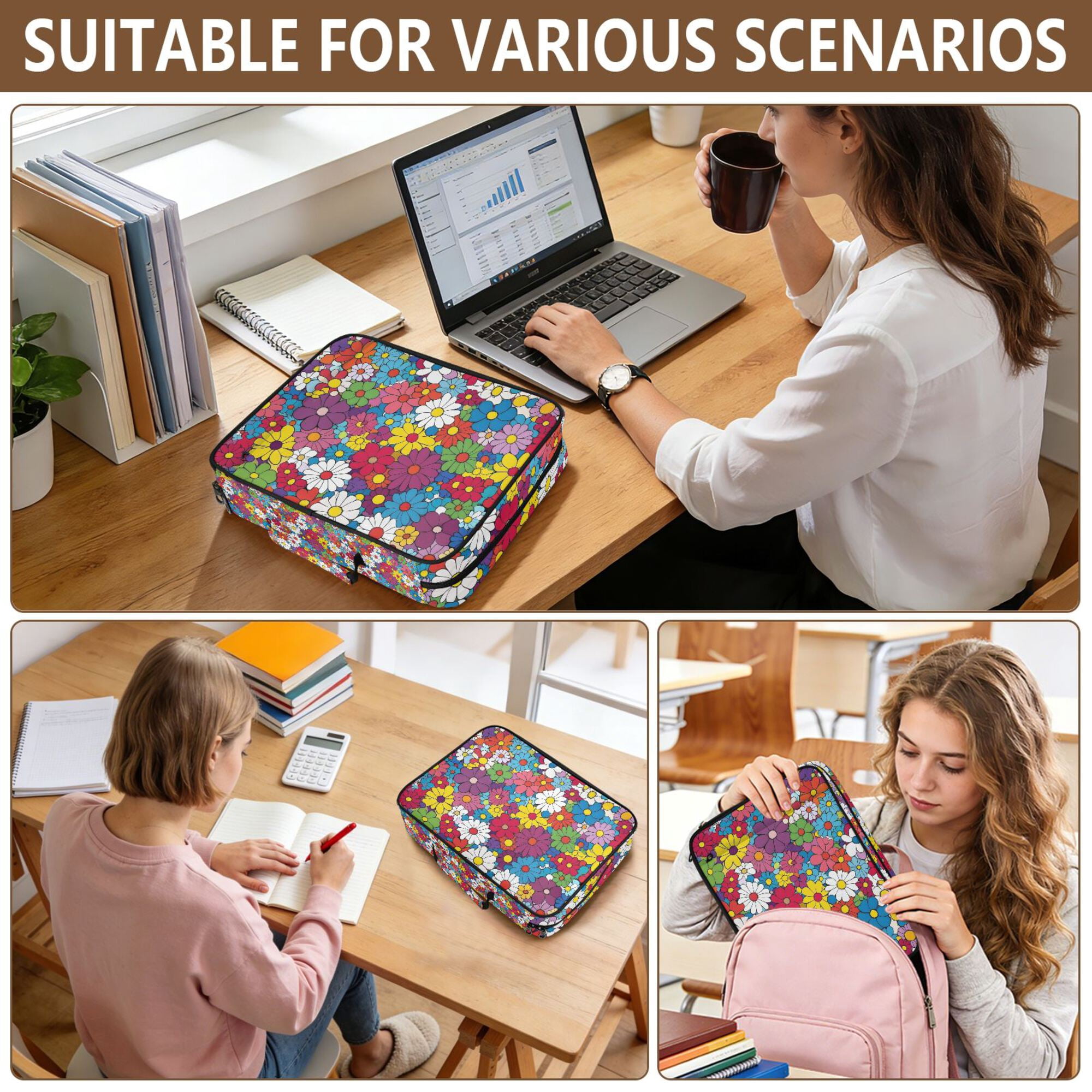FORMRS Accordion File Folder A4 Size 7-Pocket Expanding Document Organizer Bag with 3 Ring Binder, Whimsical Floral