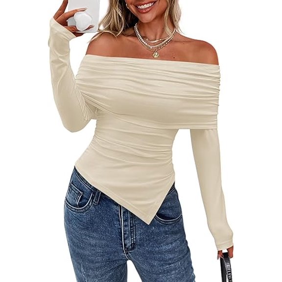 PRETTYGARDEN Women's Long Sleeve Shirts Off Shoulder Tops Going Out Slim Fitted Y6K Blouses Fall Fashion Clothes