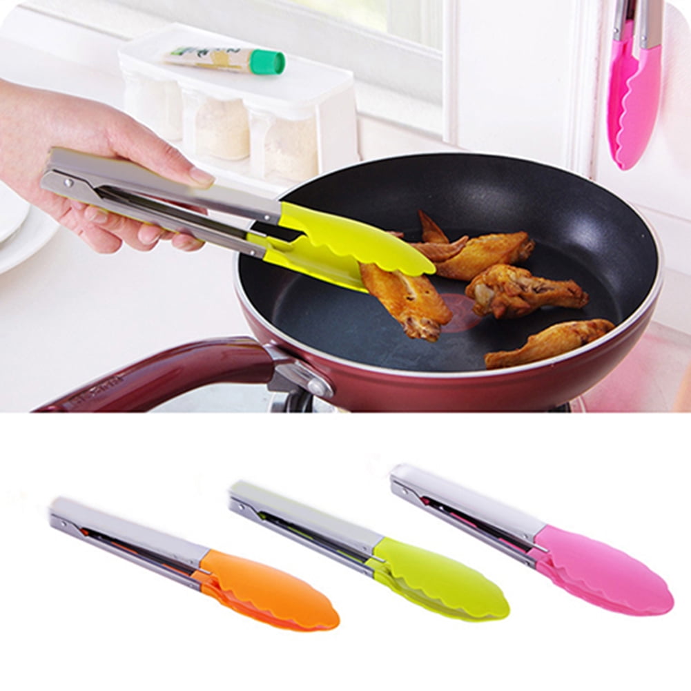 Silicone Tongs Stainless Steel Kitchen Food Cooking Utensil BBQ Salad Serving 