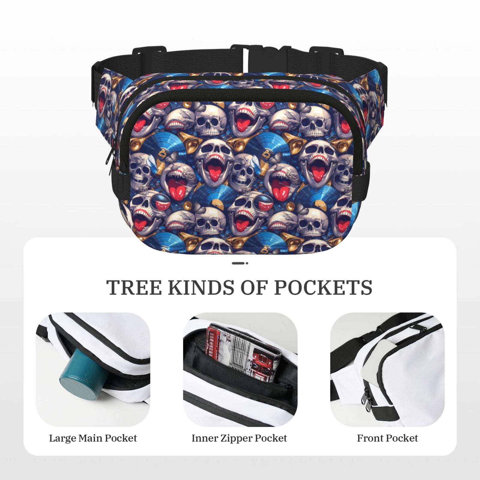 Picia rock Skull blue record Print Square Double-Layer Waist Bag Mini Adjustable Waist Belt Bag Exercise Running Travel Hiking